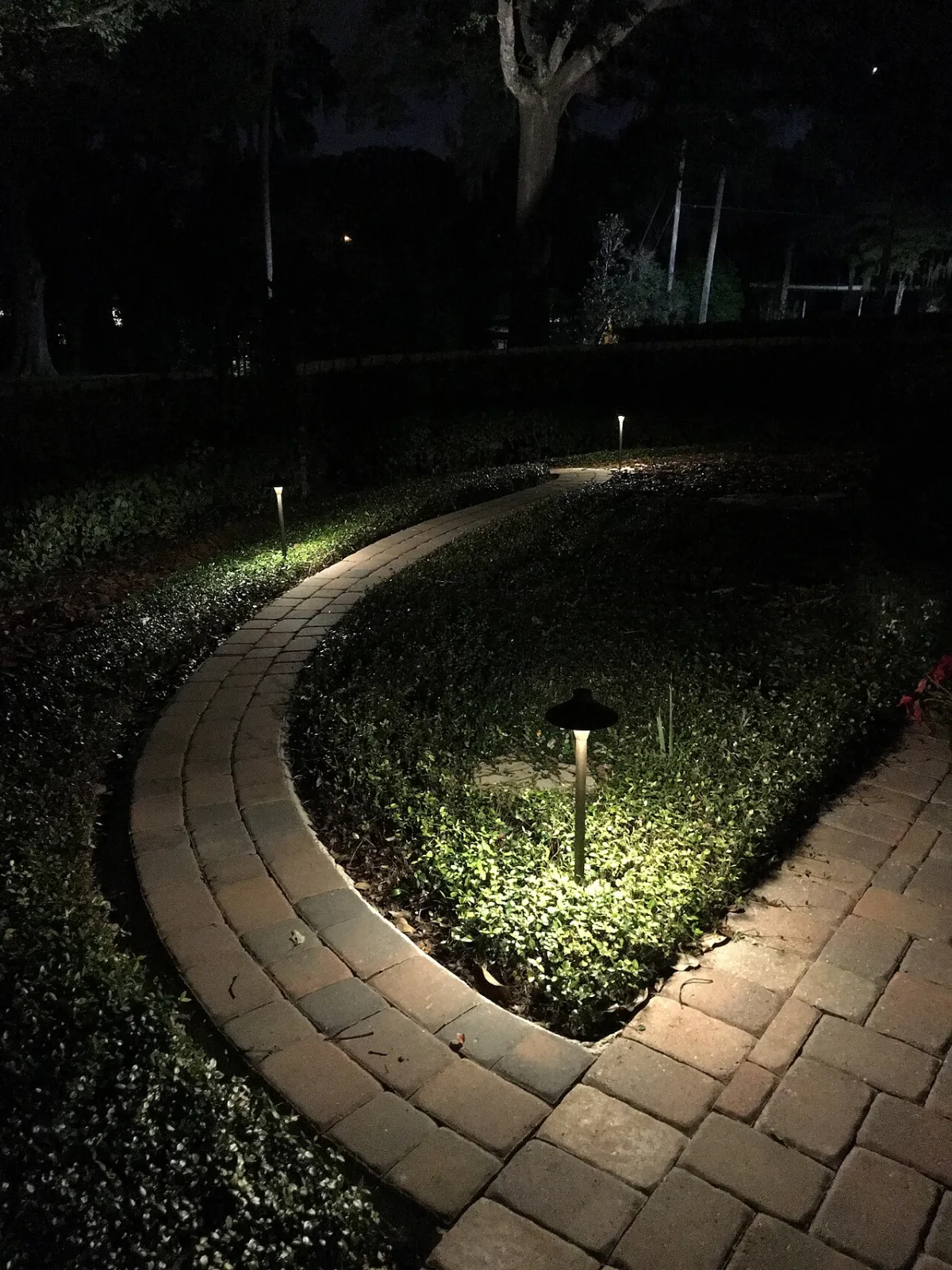 Verlichte tuinpad met lage padverlichting langs een bestraat pad in de avond